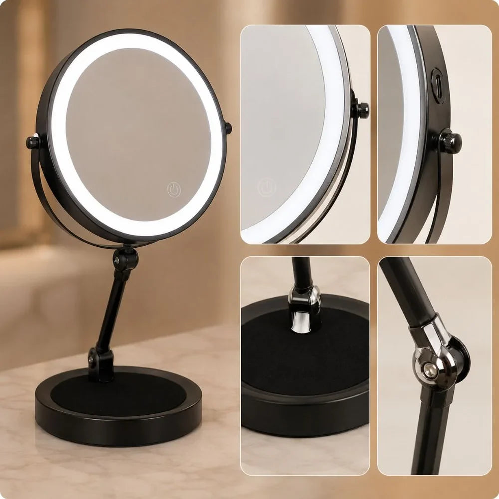 Lighted Makeup Mirror 10x Magnification Double-Sided LED Touch Control Rechargeable Rotatable for Bathroom | Sansoti