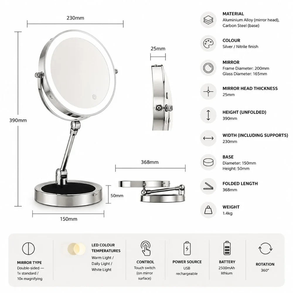 Lighted Makeup Mirror 10x Magnification Double-Sided LED Touch Control Rechargeable Rotatable for Bathroom | Sansoti