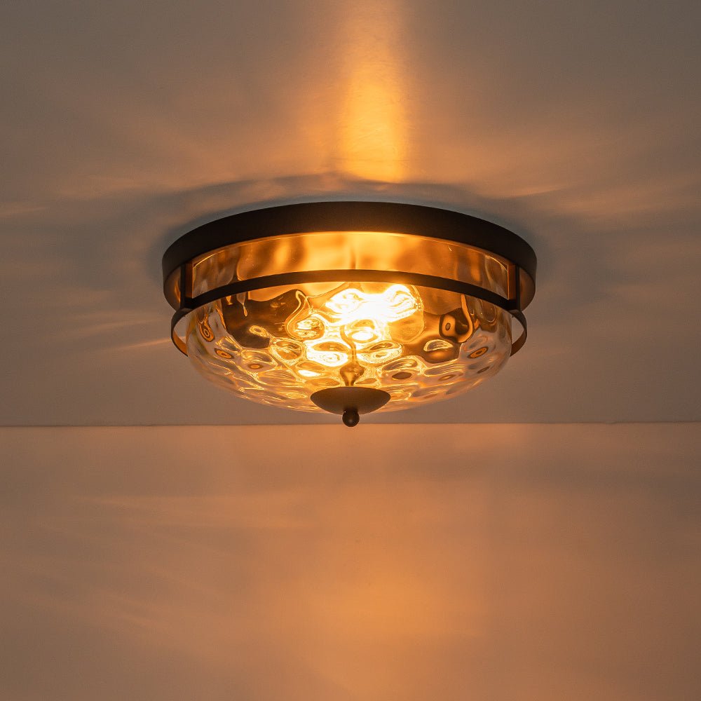Glas-Deckenleuchte Rund Schwarz Gold Hammerschlagglas 33cm Wohnzimmer Schlafzimmer Aufputz Bauernhaus Eingang Esszimmer Badezimmer | Sansoti