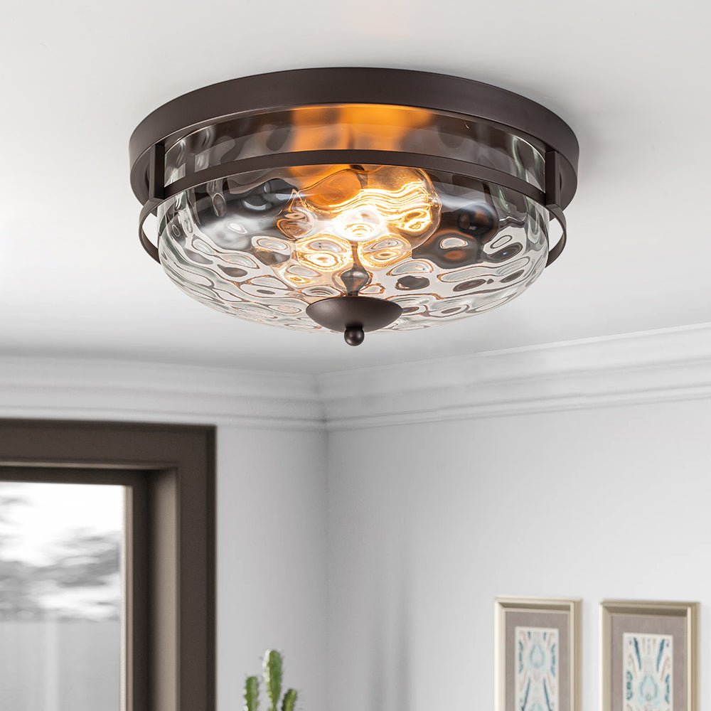 Glas-Deckenleuchte Rund Schwarz Gold Hammerschlagglas 33cm Wohnzimmer Schlafzimmer Aufputz Bauernhaus Eingang Esszimmer Badezimmer | Sansoti