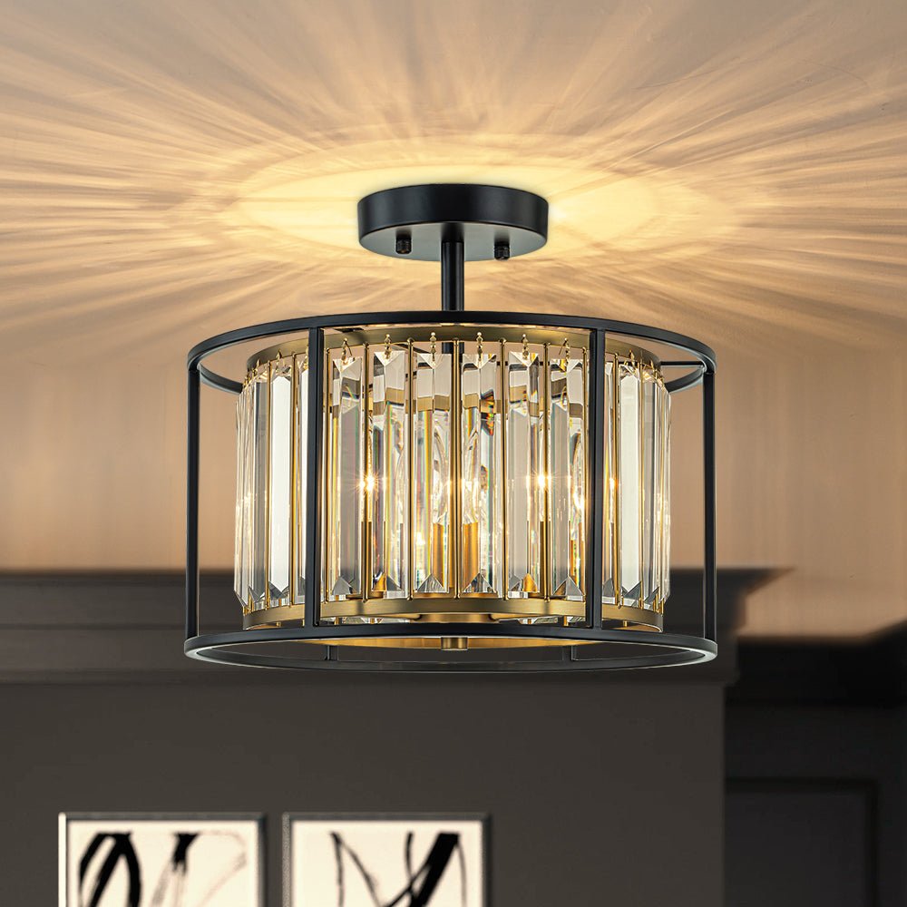 Minimalist Semi-Ceiling Lamp with Crystal Accents 3-Light Points Black-Gold Finish Drum-Shaped Frame E12 Fitting | Sansoti