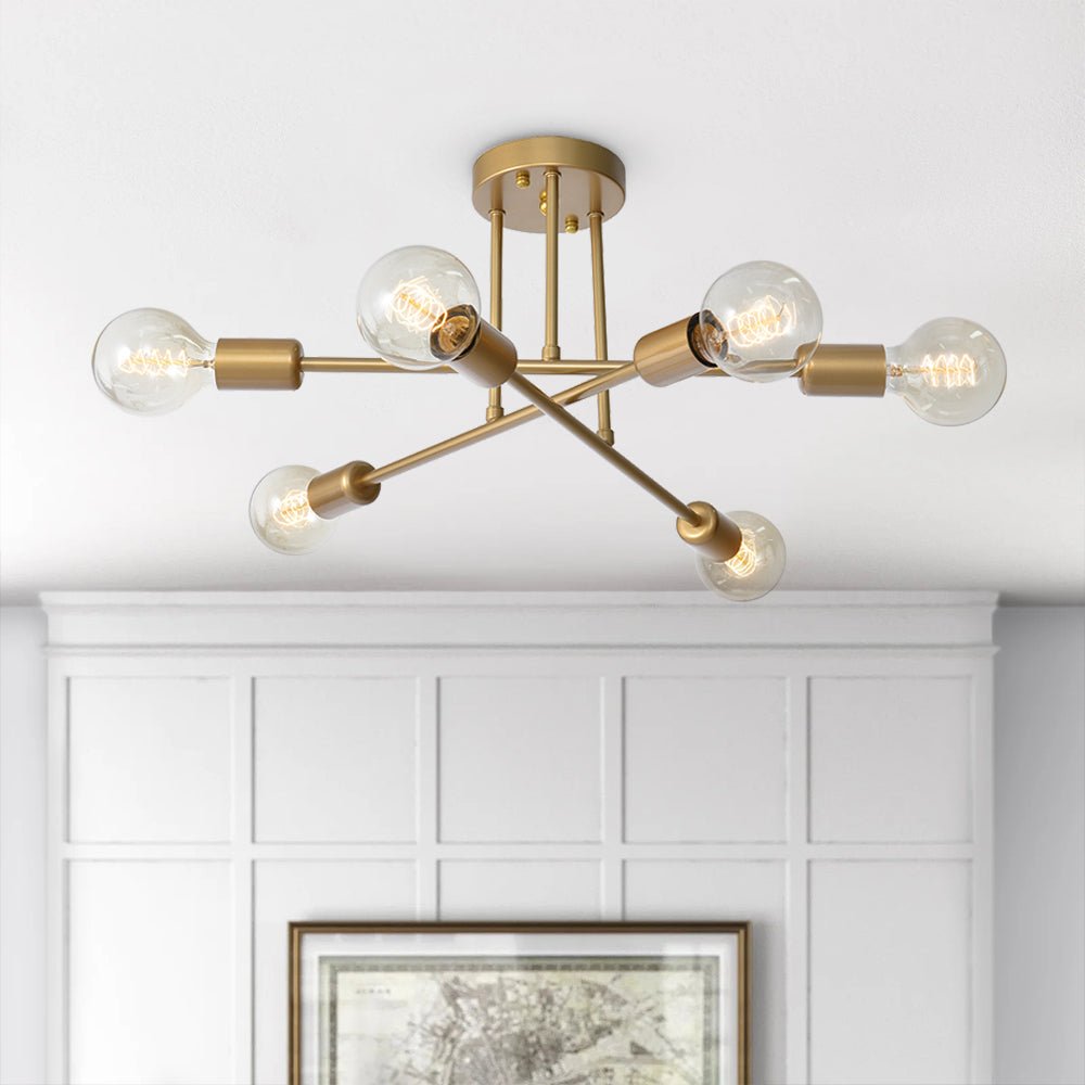 Semi-Flush Mount Chandelier 6-Light Brass Gold Metal Sputnik Design Ceiling Light E26 E27 48cm Living Room | Sansoti
