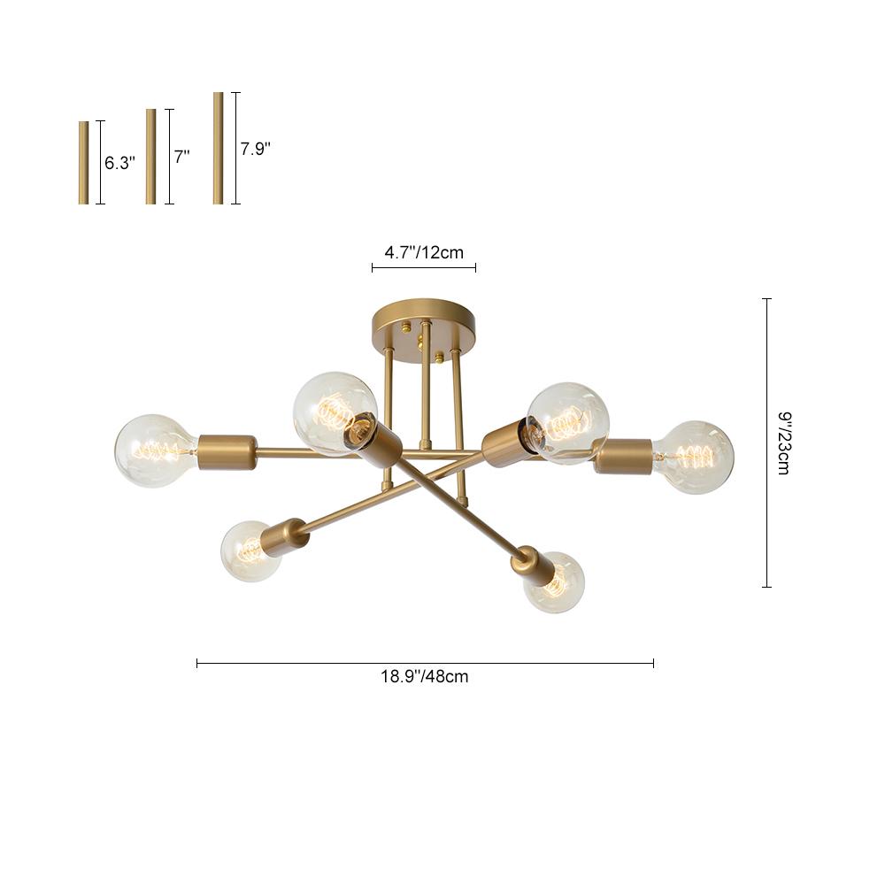 Semi-Flush Mount Chandelier 6-Light Brass Gold Metal Sputnik Design Ceiling Light E26 E27 48cm Living Room | Sansoti