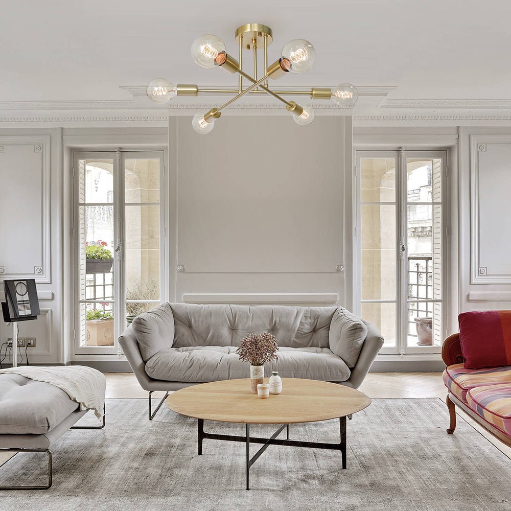 Semi-Flush Mount Chandelier 6-Light Brass Gold Metal Sputnik Design Ceiling Light E26 E27 48cm Living Room | Sansoti