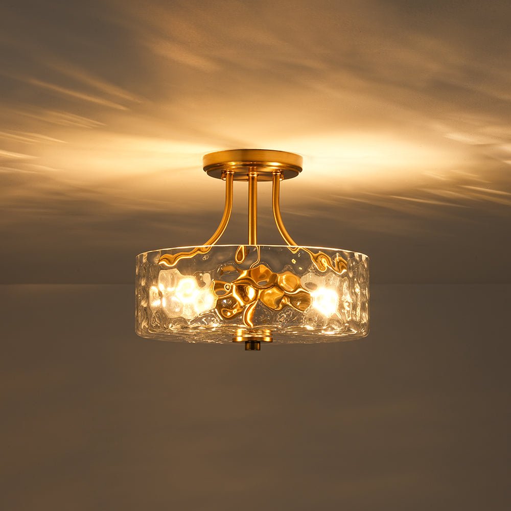 Glas-Deckenleuchte Trommel Messing 30cm 2-flammig Hammerschlagglas Wohnzimmer Esszimmer Semi-Aufputz Badezimmer Eingang Flur Schlafzimmer | Sansoti