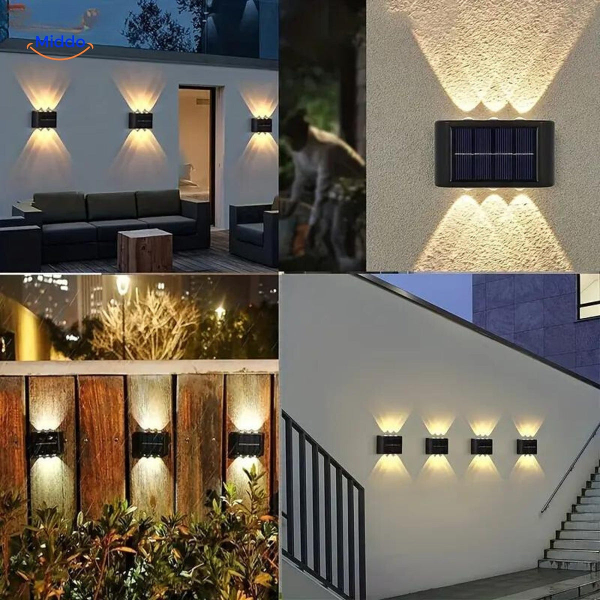 Podwójna wodoodporna lampa ścienna LED na energię słoneczną - oświetlenie zewnętrzne do ogrodu, dekoracyjne, odporne na warunki atmosferyczne, nastrojowe | Sansoti