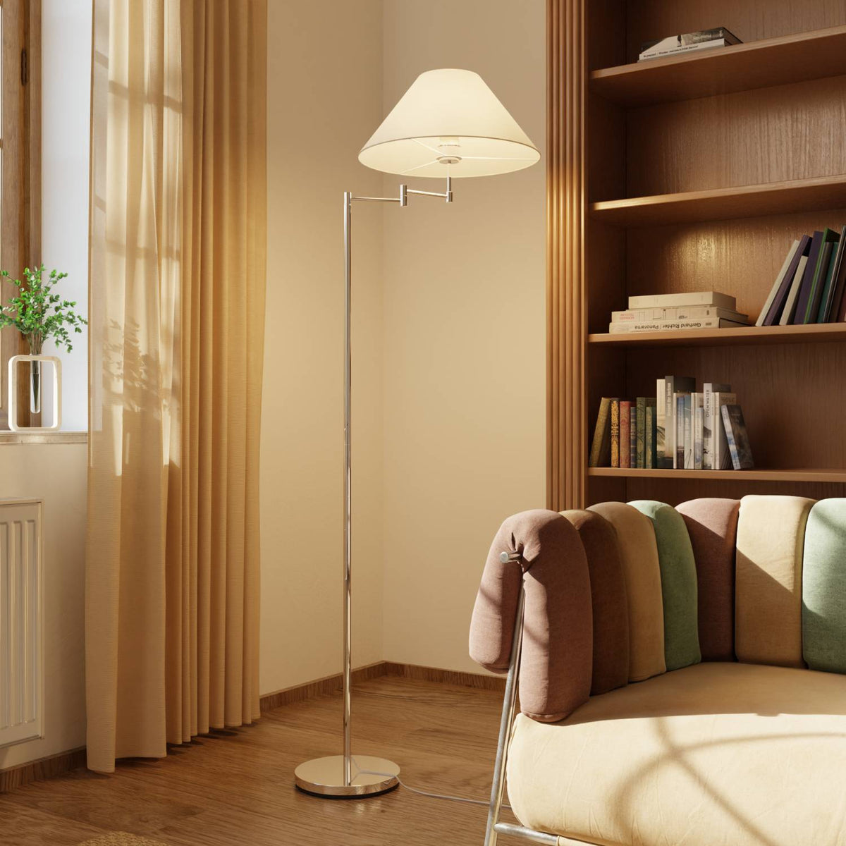 Lampadaire chromé élégant avec bras réglable et fonction lecture | Sansoti