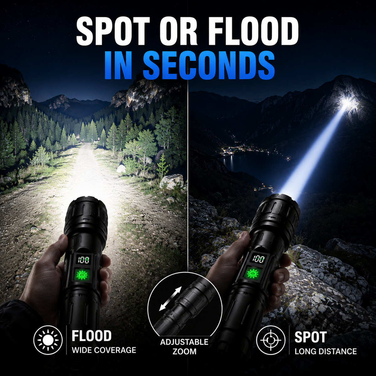 Tactical Flashlight with Rechargeable 5000mAh Battery - Powerful 100000 Lumen LED - Waterproof & Shockproof - With LCD Battery Indicator & Power Bank Function | Sansoti