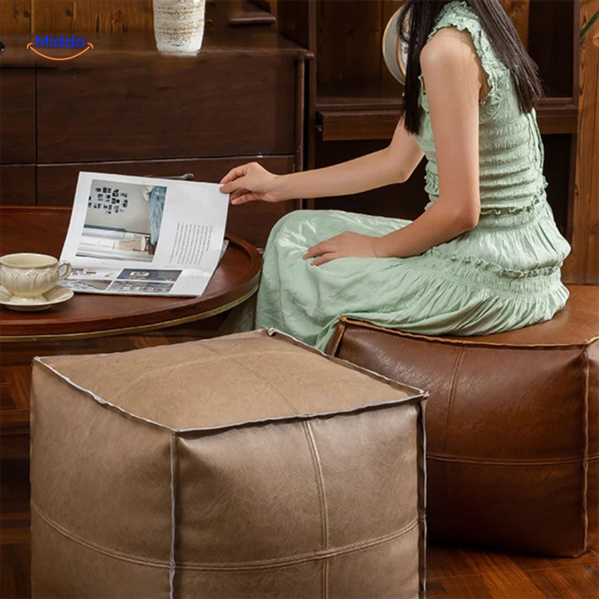 Vulbare Leren Zitzak Tatami-Kussen 45x45x40cm Polyurethaan Multifunctioneel Meditatie Yoga Leeshoek Lounge | Sansoti