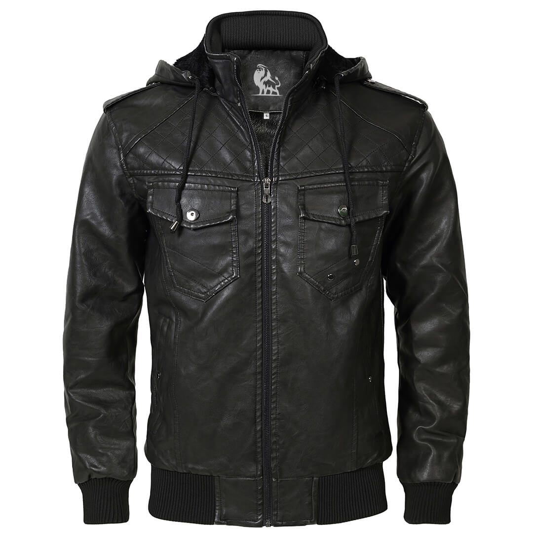 Premium-Lederjacke mit abnehmbarer Kapuze Wasserabweisend Kratzfest Schwarz Herren Damen Winterjacke Warm Leder Mode | Sansoti