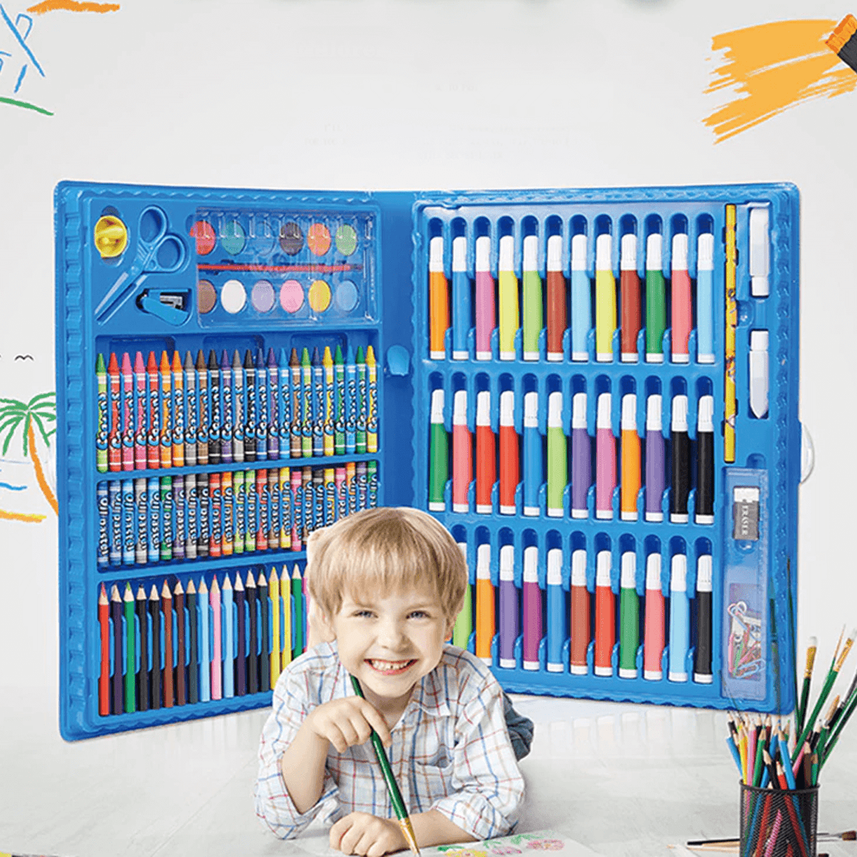 Mallette de dessin de 208 pièces, matériel créatif coloré pour enfants, kit artistique avec trousse, crayons et feutres | Sansoti