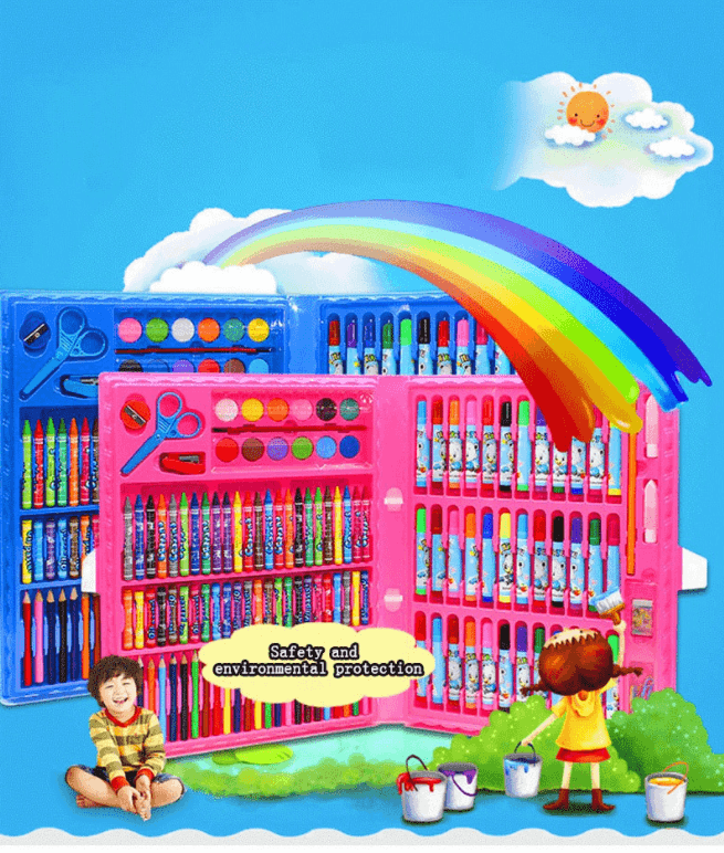 Tekenkoffer 208-delig Kleurrijk Creatief Materiaal Kinderen Kunstset Inclusief Etui Potloden Stiften | Sansoti