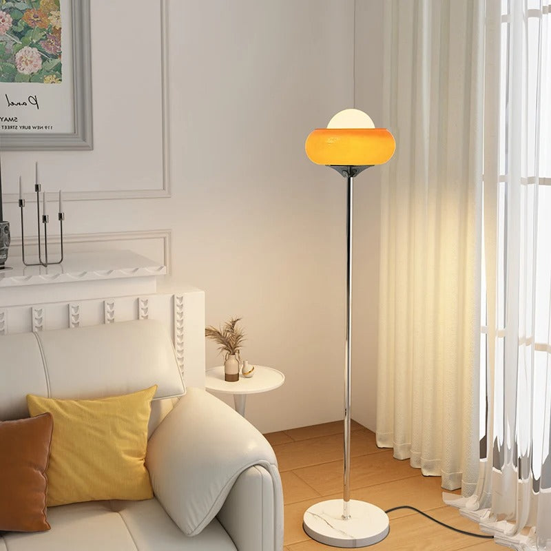 Stehende Stehlampe aus Glas und Stahl, 155 cm, Orange, dimmbare LED, Retro-Bauhaus-Design, Wohnzimmer, Schlafzimmer, Leselampe | Sansoti