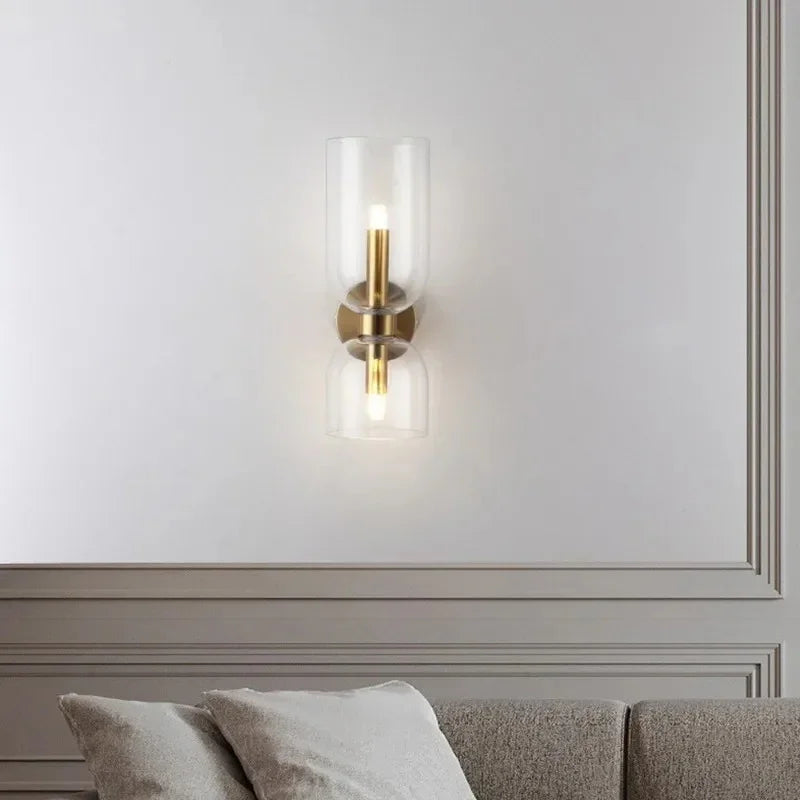 Aplique de vidrio dorado con doble pantalla, 35cm, E14, para recibidor, salón y dormitorio, moderno y elegante | Sansoti