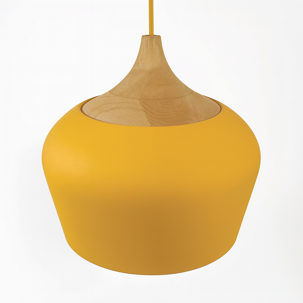 Pastelowa lampa wisząca z aluminium i drewna, retro, kopuła, kula E27, pokój dziecięcy, salon | Sansoti