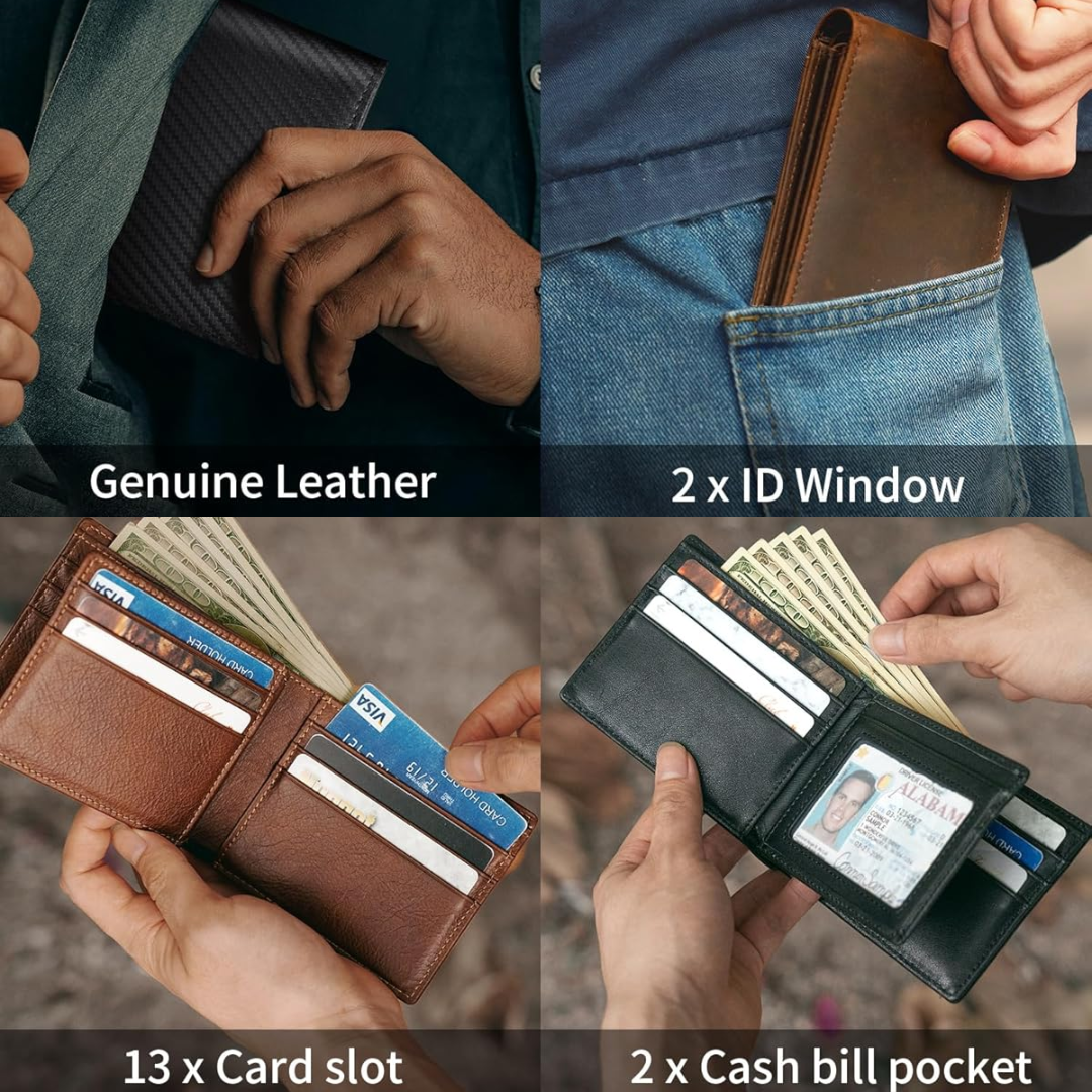 Leather Bifold Wallet with RFID Protection for Men – Compact Design 13 Card Slots Secure Payments | Sansoti