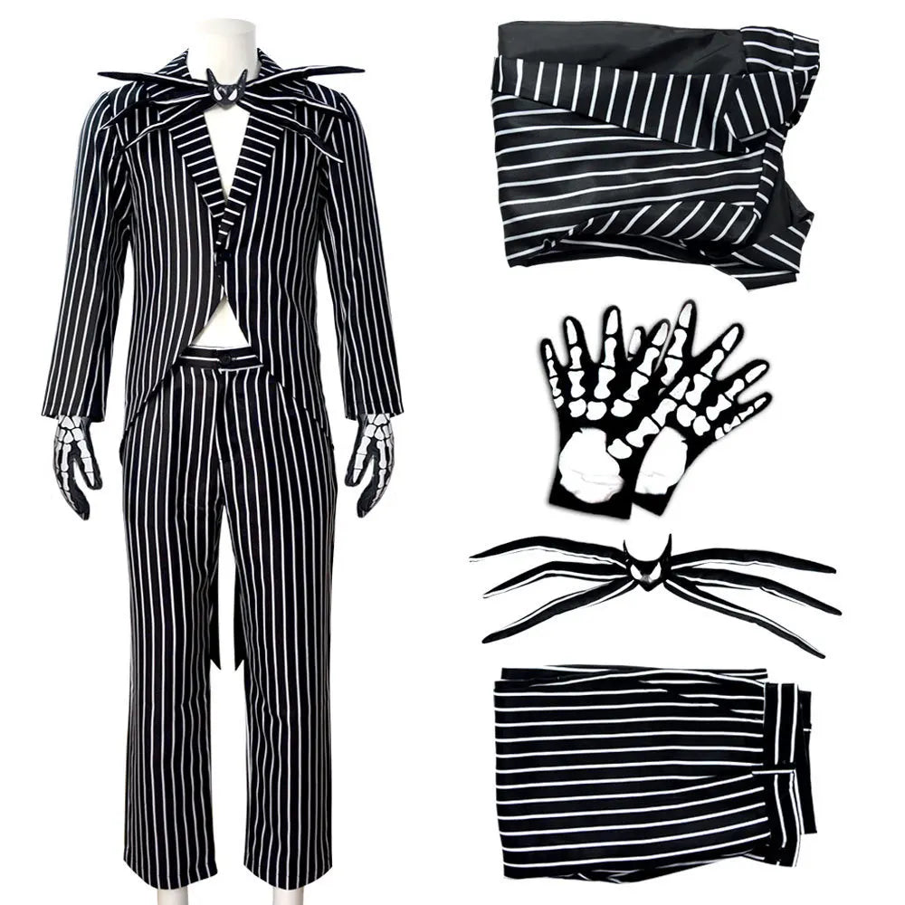Costume de squelette rayé avec masque noir et blanc - costume d’Halloween, carnaval, fête et déguisement pour enfants | Sansoti