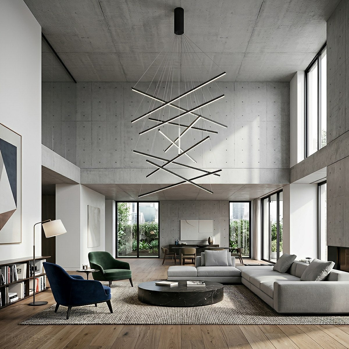 Suspension LED noire superposée à intensité variable avec télécommande, design géométrique en escalier pour le salon | Sansoti