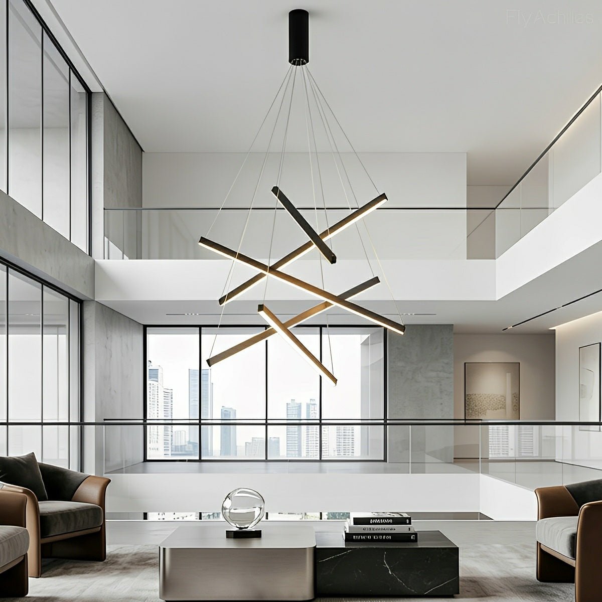 Suspension LED noire superposée à intensité variable avec télécommande, design géométrique en escalier pour le salon | Sansoti