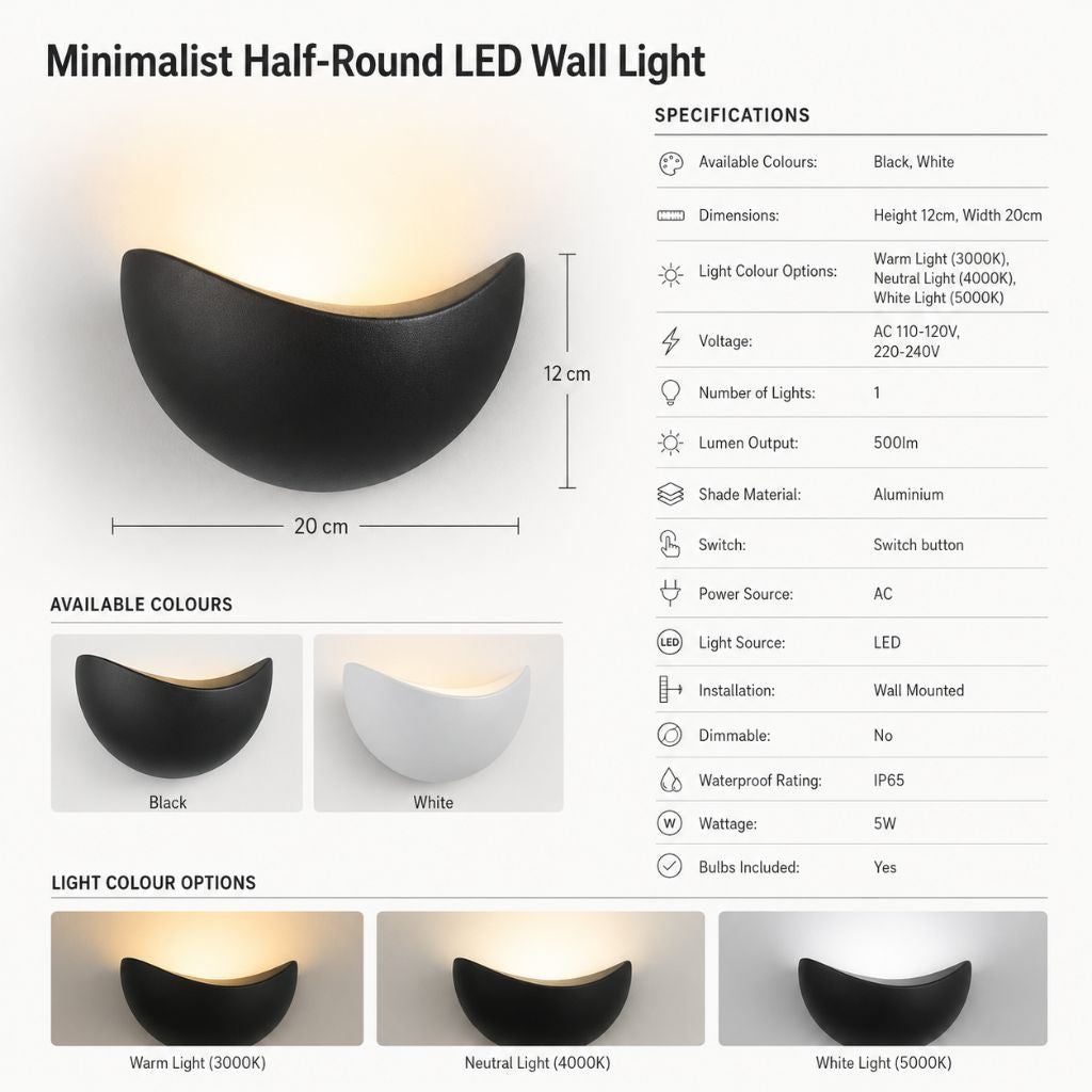 Semicircular LED Wall Light Aluminium 20cm Warm Neutral White Light Bedroom Living Room Hallway Waterproof IP65 | Sansoti