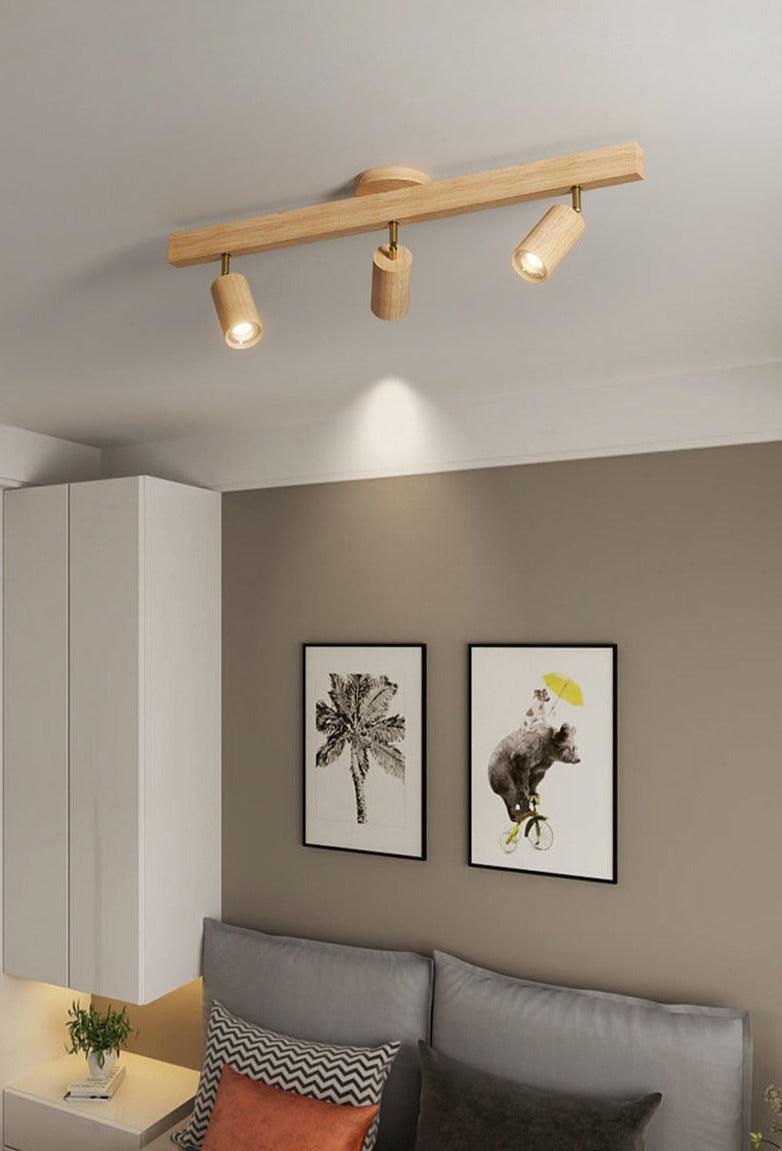 Ceiling Spotlight for Dining Table, Solid Wood Rail 45 to 120 cm with 1 to 5 Adjustable Spotlights, White, Oak or Walnut, Surface-Mounted Ceiling Light | Sansoti