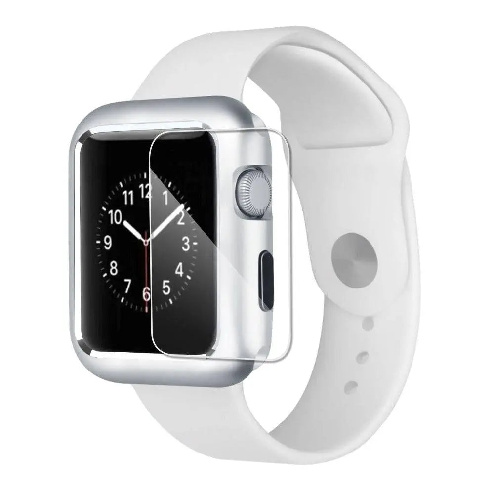 Tempered Glass Screen Protector with Steel Housing for Apple Watch 38-44mm Black Silver Gold Protection | Sansoti
