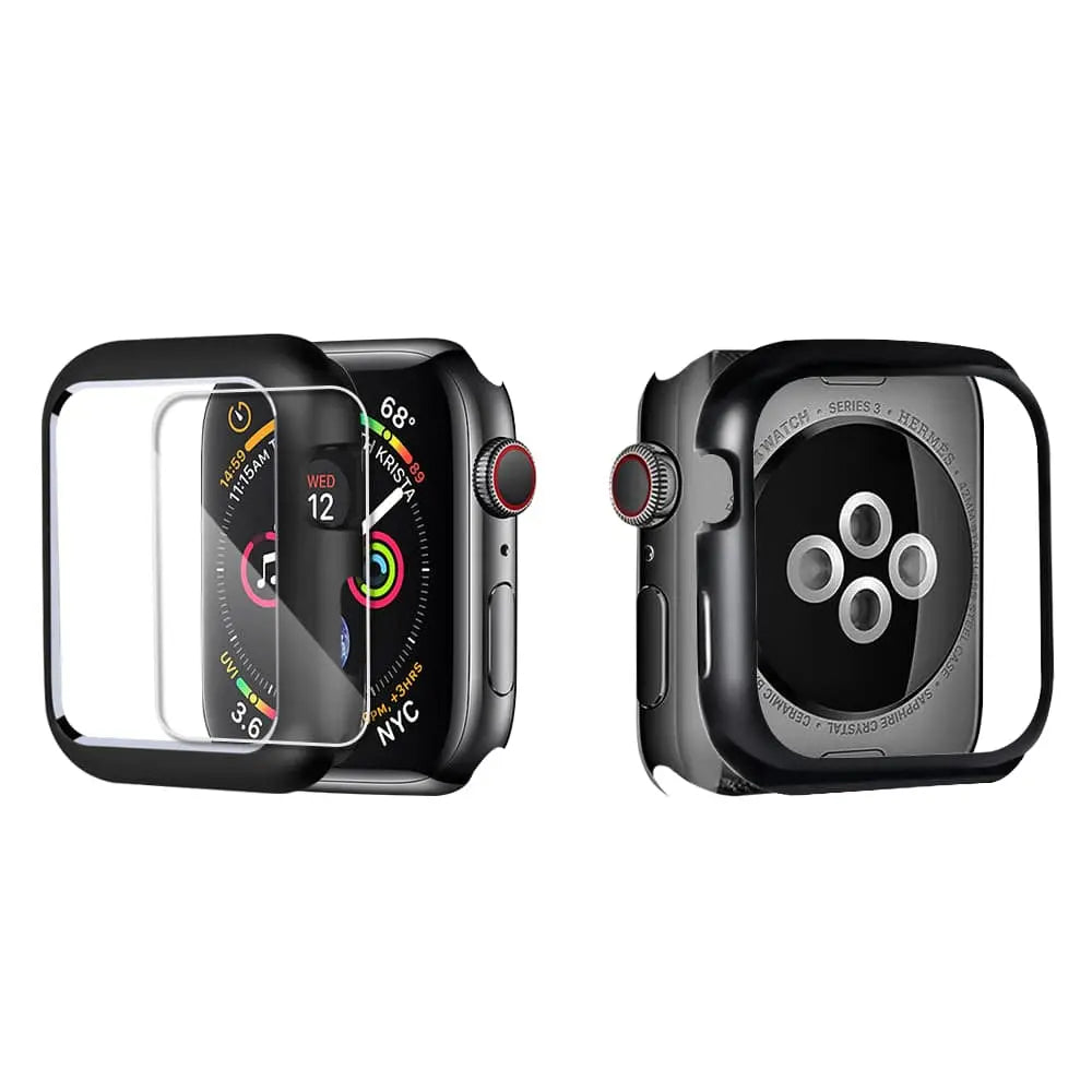 Tempered Glass Screen Protector with Steel Housing for Apple Watch 38-44mm Black Silver Gold Protection | Sansoti