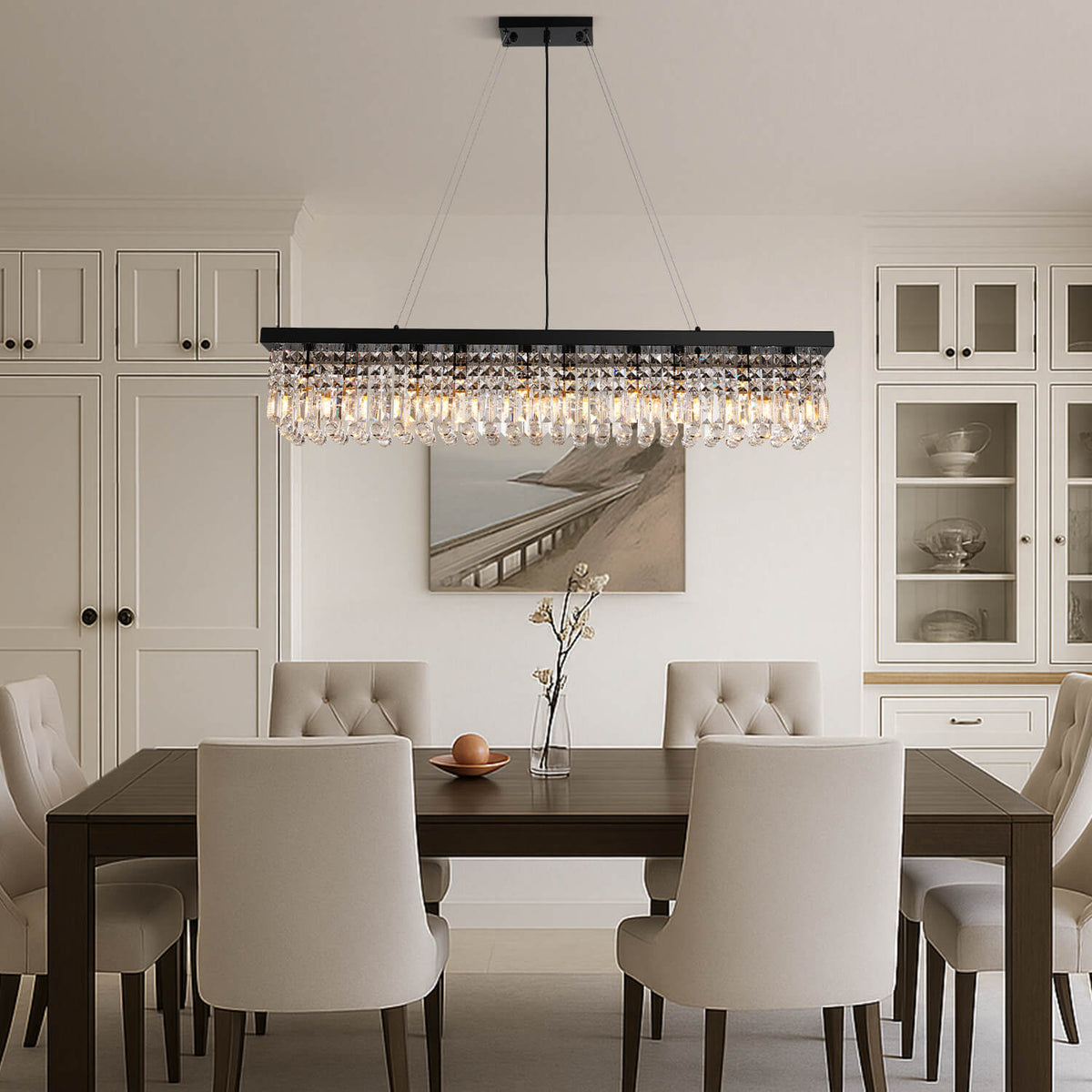 Rectangular Crystal Chandelier Raindrop K9 Black E12 Dining Room Kitchen Island Modern | Sansoti