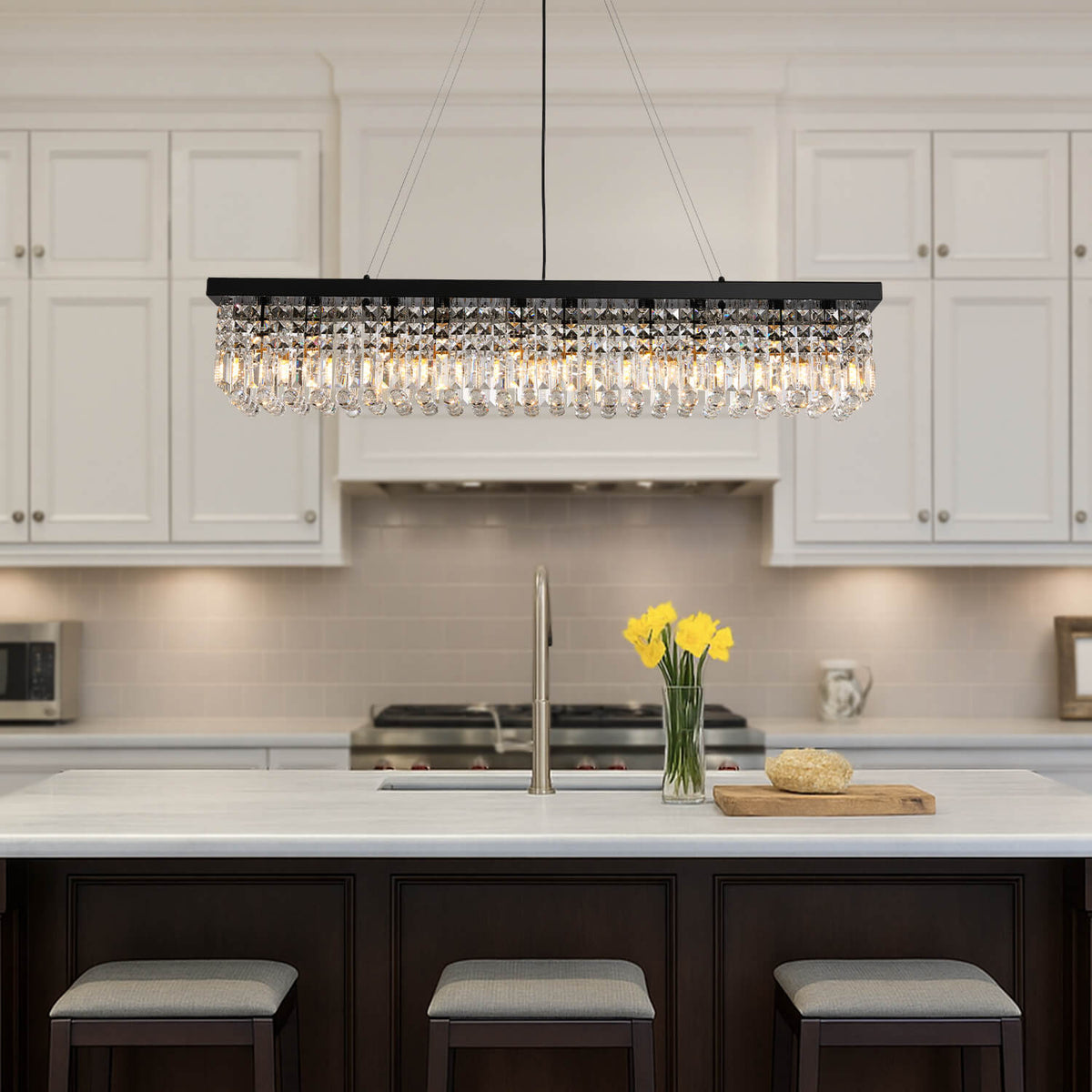 Rectangular Crystal Chandelier Raindrop K9 Black E12 Dining Room Kitchen Island Modern | Sansoti