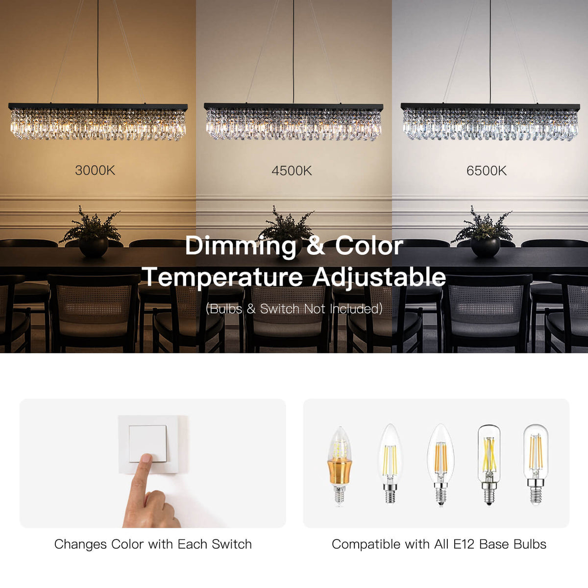 Rectangular Crystal Chandelier Raindrop K9 Black E12 Dining Room Kitchen Island Modern | Sansoti