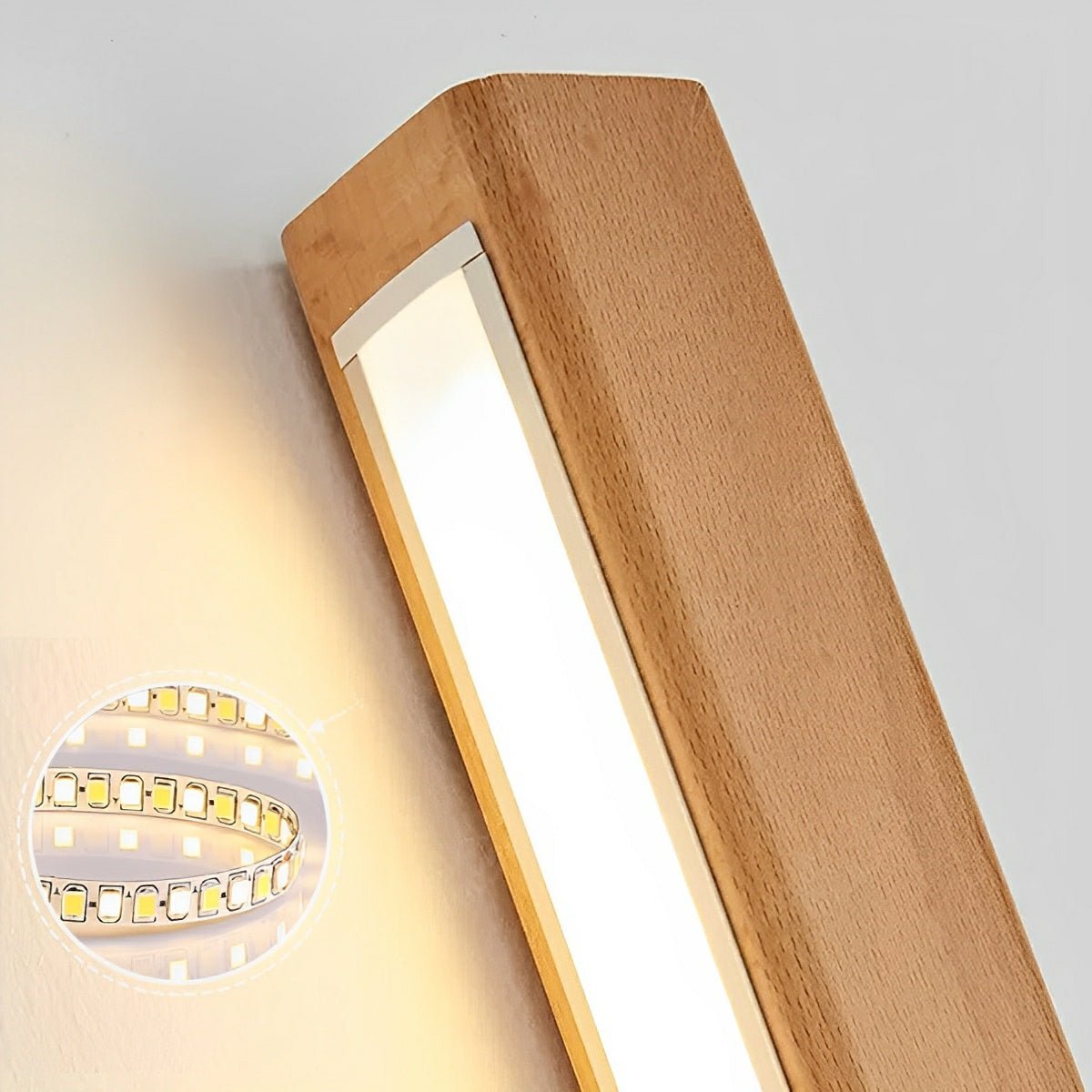Lange rechteckige LED-Wandleuchte aus Holz, dimmbares Up-Down-Licht, skandinavisches Design, modernes stimmungsvolles Interieur | Sansoti