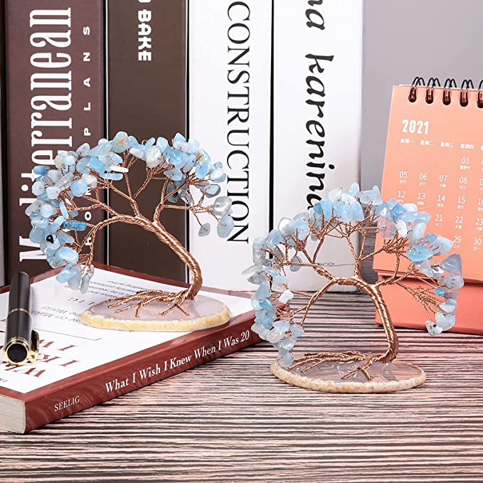 Decorative Gemstone Tree Aquamarine — Handmade Mineral Sculpture with Copper Wire Branches and Natural Stone Base | Sansoti