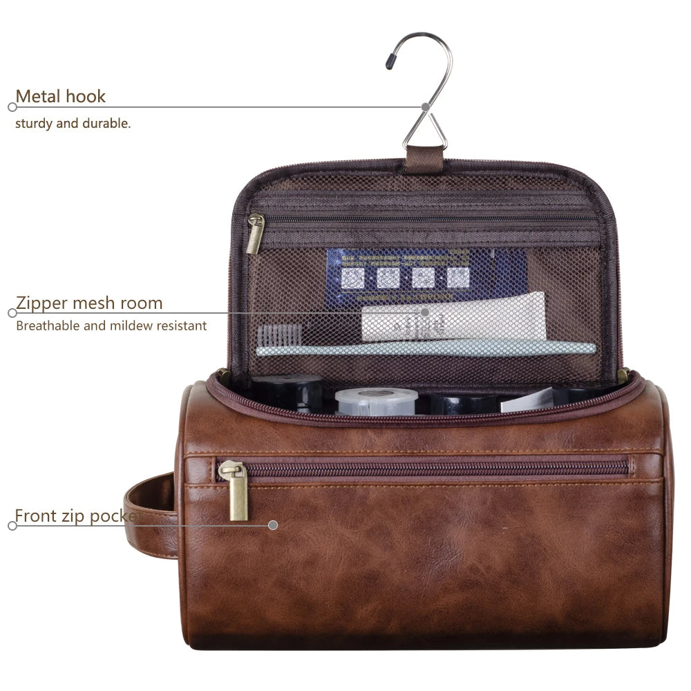 Trousse de toilette en cuir avec crochet – organiseur de voyage compact 25x13x13 cm pour produits de soin et articles de toilette | Sansoti