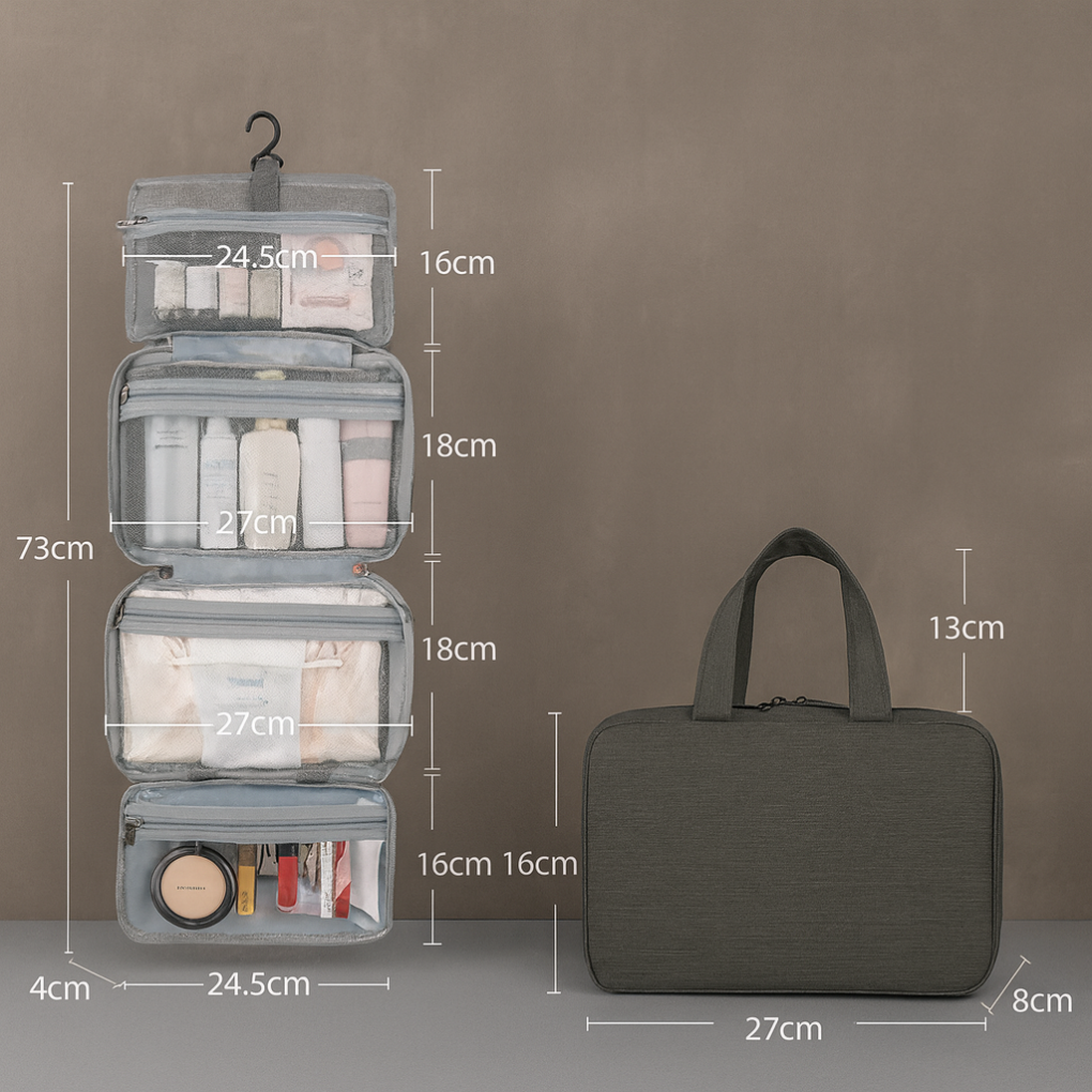 Hanging Travel Toiletry Bag, Foldable with Hook, Black, Gray, Blue, Pink, Compartment Organizer, Cosmetics, Bathroom | Sansoti