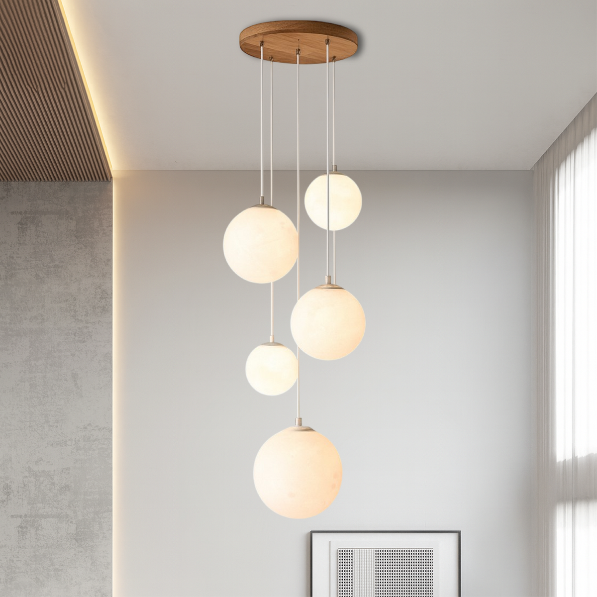 Mond-Hängeleuchte für Treppenhäuser mit 5 Glaskugeln, E27 LED, verstellbar, modernes skandinavisches Design für hohe Decken | Sansoti