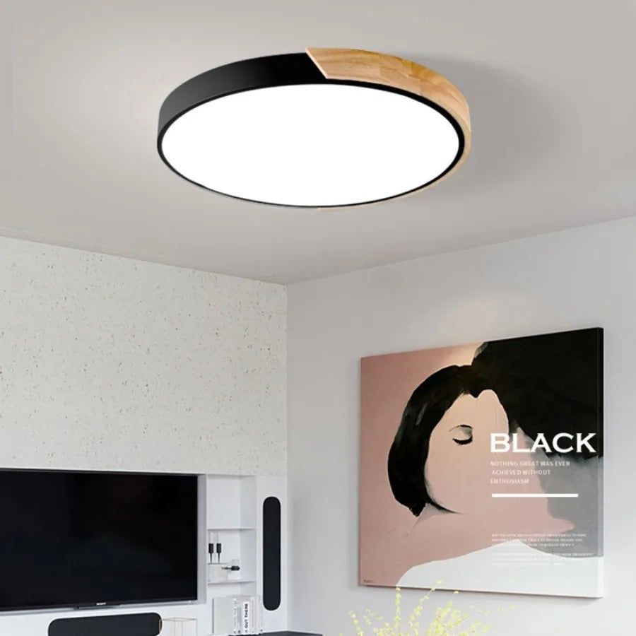 Black Round Ceiling Light 30 cm 24W Built-In LED, Macaron Shape with Wood Accent or Plain, Also Available in 23 cm 12W | Sansoti