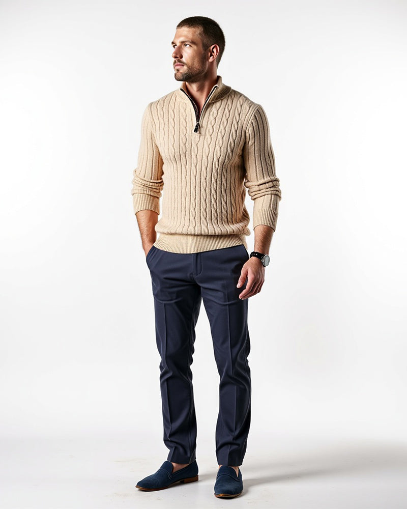 Pull à demi-fermeture éclair, maille torsadée, col côtelé, manches structurées, style raffiné, chaleur et confort | Sansoti