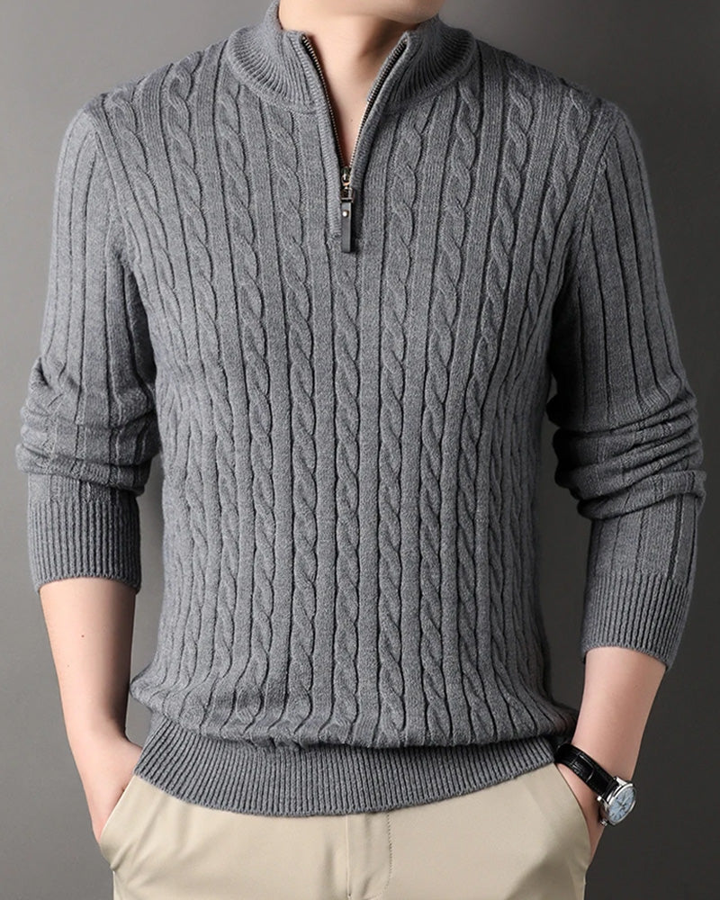 Pull à demi-fermeture éclair, maille torsadée, col côtelé, manches structurées, style raffiné, chaleur et confort | Sansoti