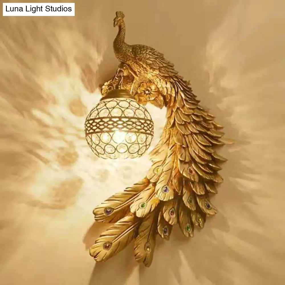 Peacock Wall Light with Crystal Glass Globe, 46 cm, Decorative Resin Indoor Wall Lighting, Left or Right, for Living Room and Bedroom | Sansoti