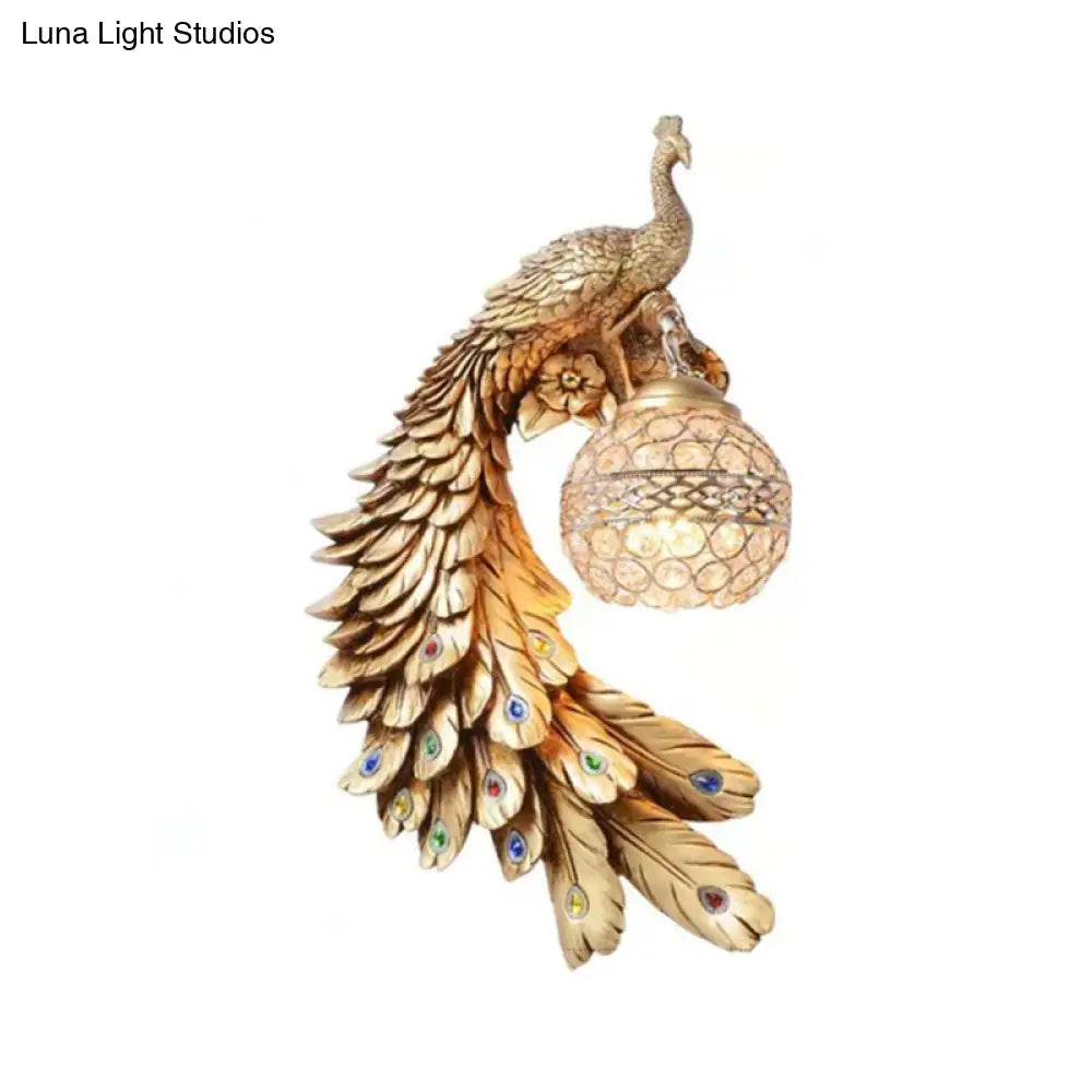 Peacock Wall Light with Crystal Glass Globe, 46 cm, Decorative Resin Indoor Wall Lighting, Left or Right, for Living Room and Bedroom | Sansoti