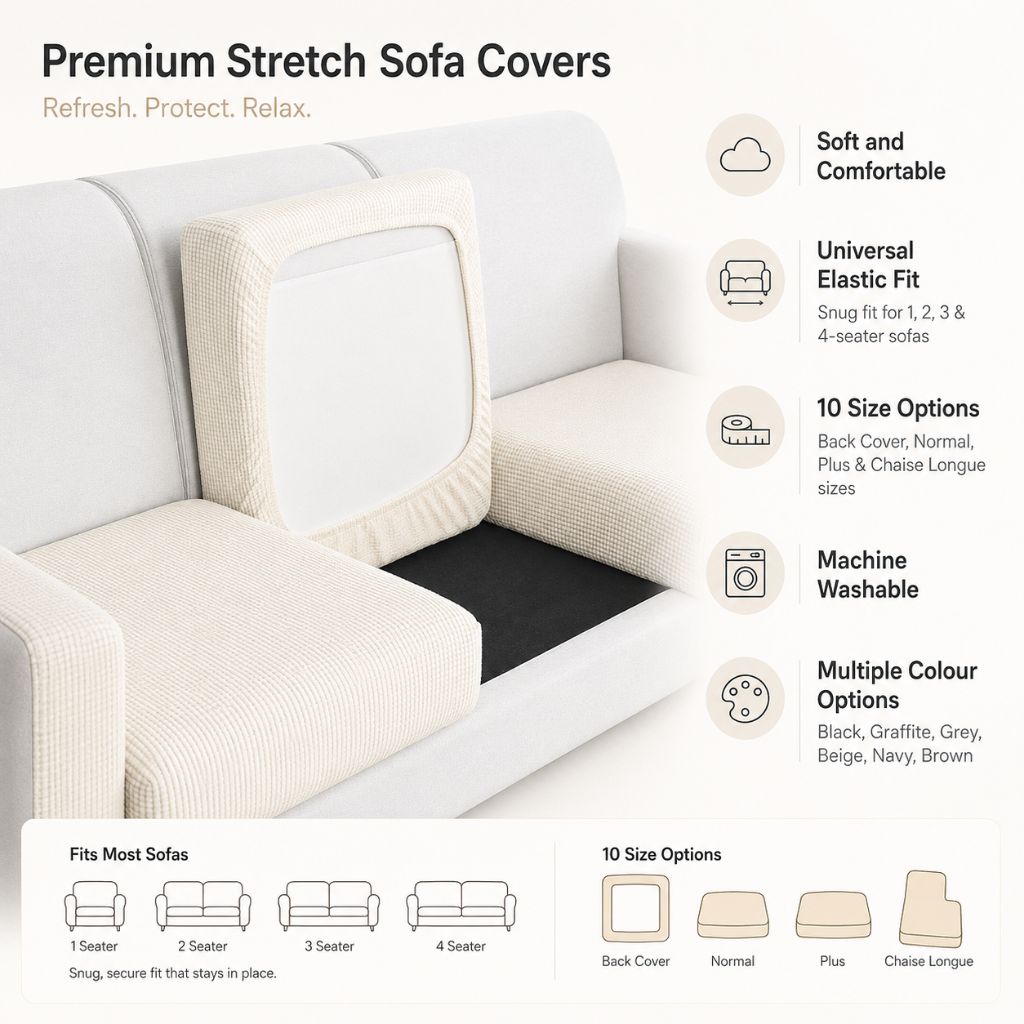 Stretchable Sofa Cover Pet-Friendly 100% Polyester Washable Furniture Protector 10 Sizes 6 Colors Living Room | Sansoti