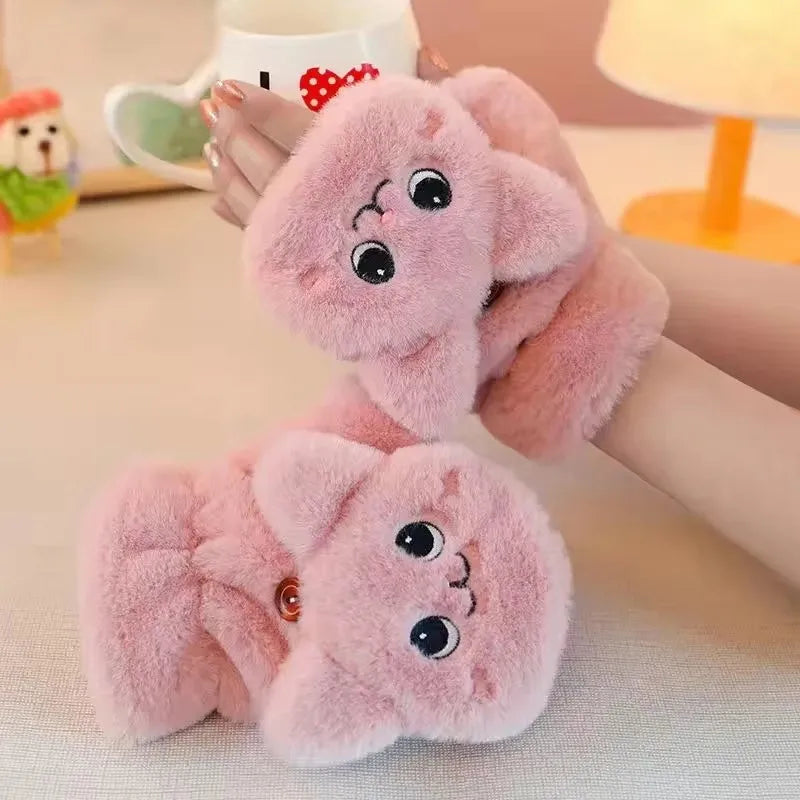 Plüschhandschuhe mit Tiergesicht, umklappbar, fingerfrei, grau, rosa, weiß, warme Handschuhe für kaltes Wetter | Sansoti