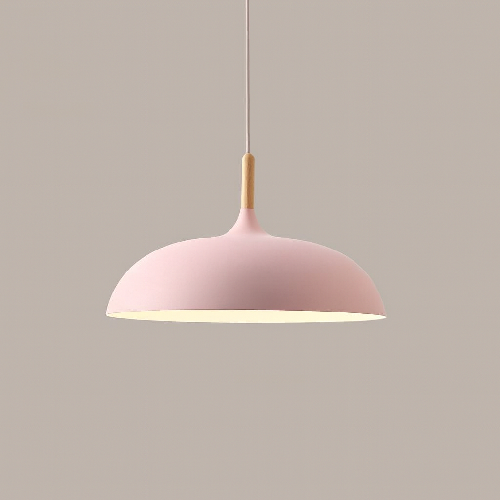 Pastelowa lampa wisząca z aluminium i drewna, retro, kopuła, kula E27, pokój dziecięcy, salon | Sansoti