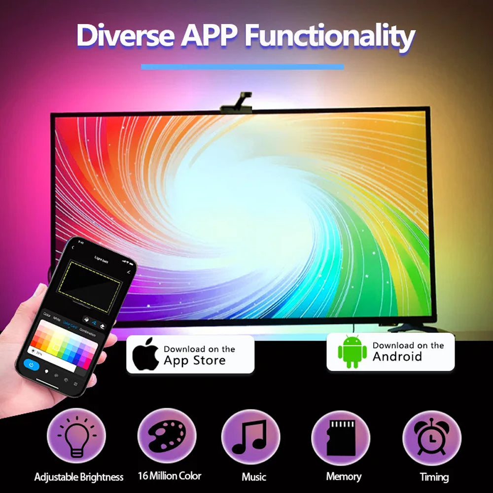 RGB-LED-Streifen für 55-75-Zoll-Fernseher mit intelligenter Kamerasynchronisierung, Musikmodus, App-Steuerung, USB-Anschluss und stimmungsvoller Beleuchtung | Sansoti