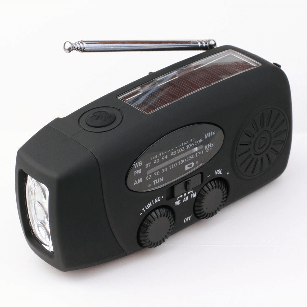 Radio awaryjne z korbką dynamo, latarką i powerbankiem | Radio AM/FM zasilane energią słoneczną