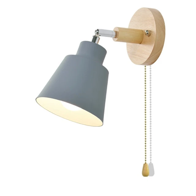 Adjustable Wall Lamp with Pull Switch Wooden Base Reading Light Bedroom Bedside Table Swivels 180° | Sansoti