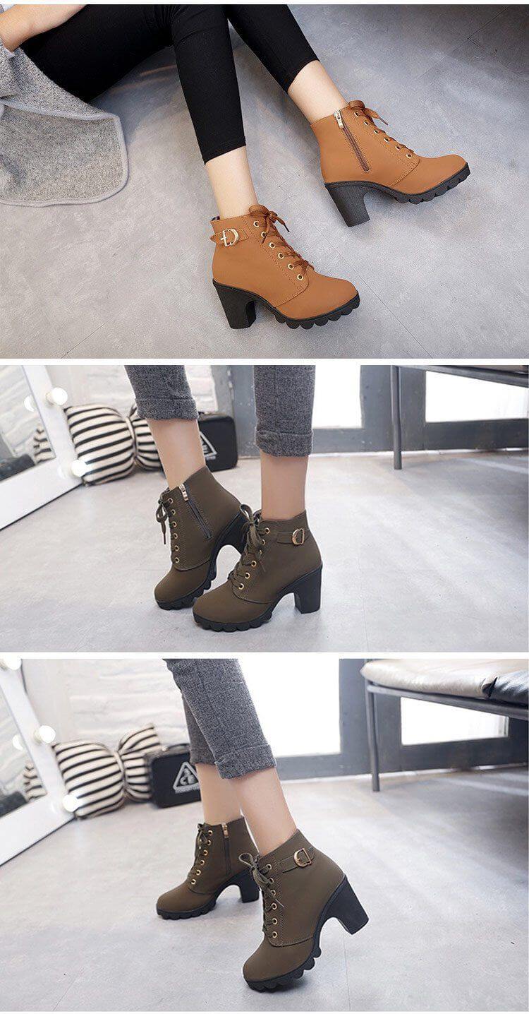 Women's Ankle Boots Square Heel PU Leather Zipper Black Green Yellow Bordeaux Comfortable Winter Footwear | Sansoti