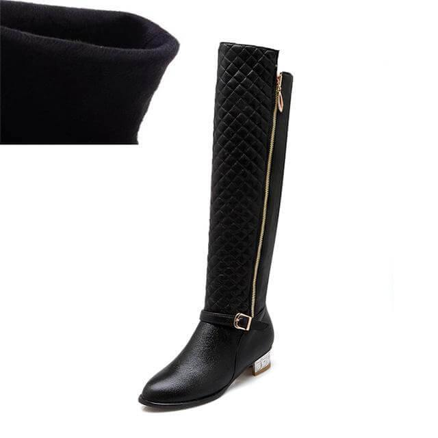 Dames Kniehoge Laarzen Vierkante Hak PU-Leer Ritssluiting Pluchevoering Warm Gevoerd Winterschoenen Dames | Sansoti