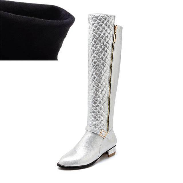 Dames Kniehoge Laarzen Vierkante Hak PU-Leer Ritssluiting Pluchevoering Warm Gevoerd Winterschoenen Dames | Sansoti