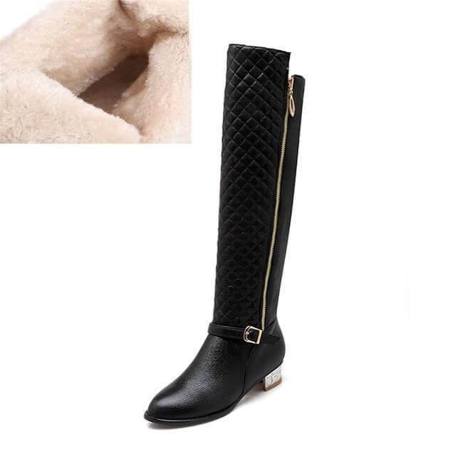 Dames Kniehoge Laarzen Vierkante Hak PU-Leer Ritssluiting Pluchevoering Warm Gevoerd Winterschoenen Dames | Sansoti